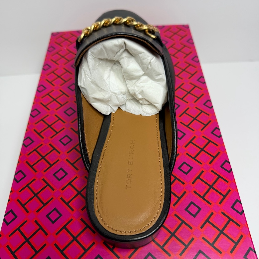 NEW TORY BURCH MINI BENTON LEATHER LOAFER SLIDE IN BLACK WITH GOLD ACCENT SIZE 8 - Picture 4 of 10